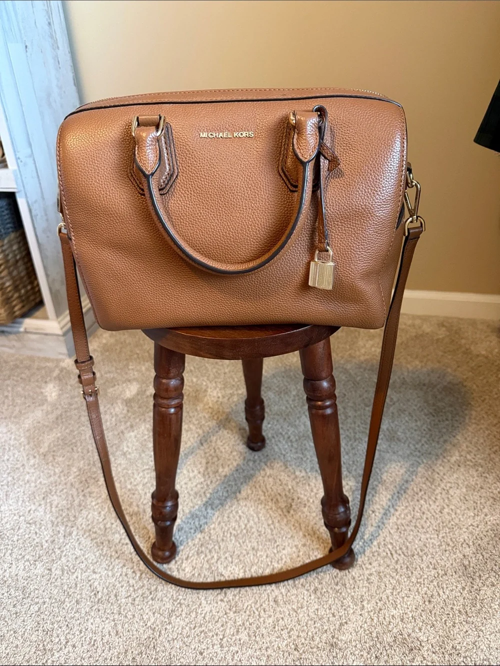 Michael Kors Cognac Pebbled Leather Satchel with Gold Accent